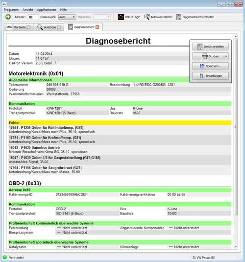 Diagnose Interface OBD2 + Carport Vollversion
